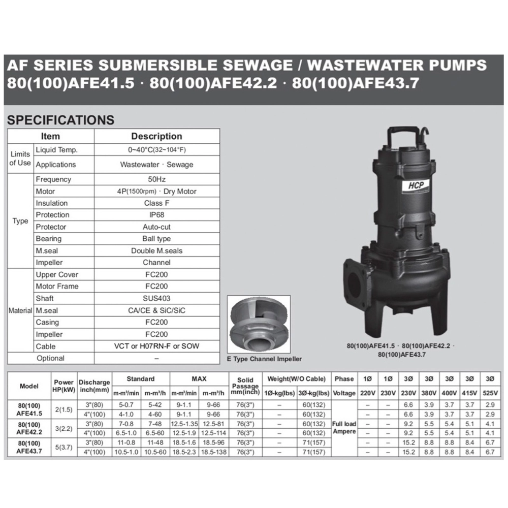 HCP 80AFE42.2 SUBMERSIBLE SEWAGE PUMP - DISCHARGE 3", 3HP, 2200W, MAX HEAD 11M, FLOW RATE 1200L/MIN, 60KG