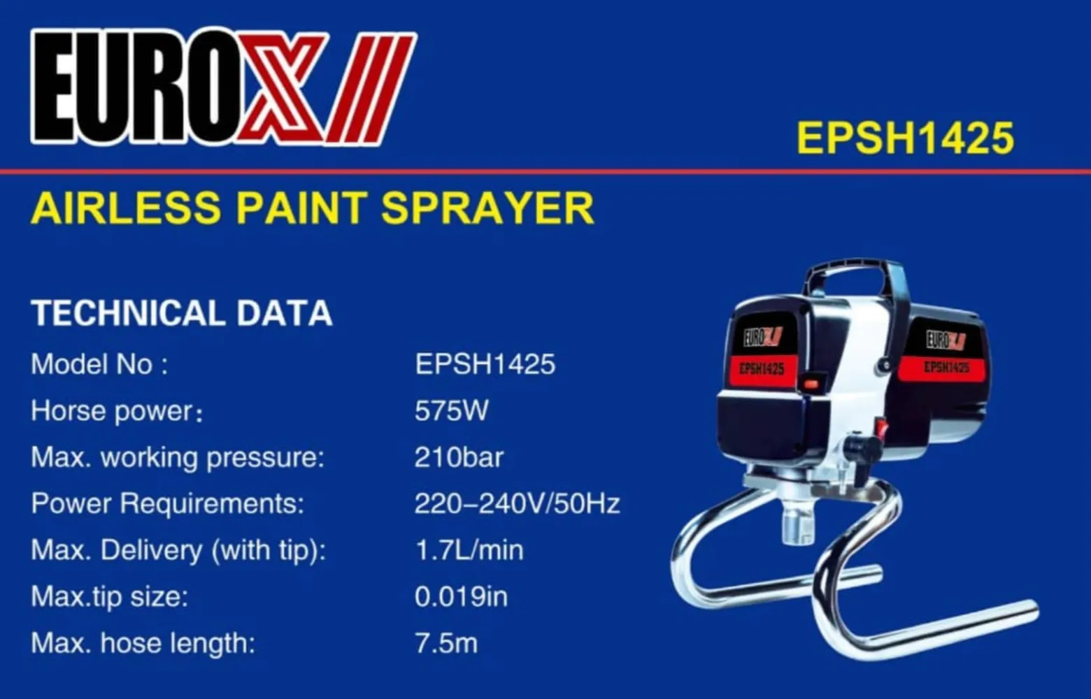 EuroX EPSH1425 AIRLESS PAINT SPRAYER (575W) C/W 7.5MTR HOSE