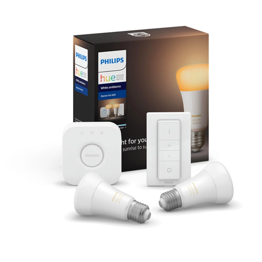 PHILIPS HUE BLUETOOTH STARTER KIT, 2*8.5W A60 E27 LED HUE SMART BULBS BLUETOOTH VERSION + HUE BRIDGE + HUE DIMMER SWITCH