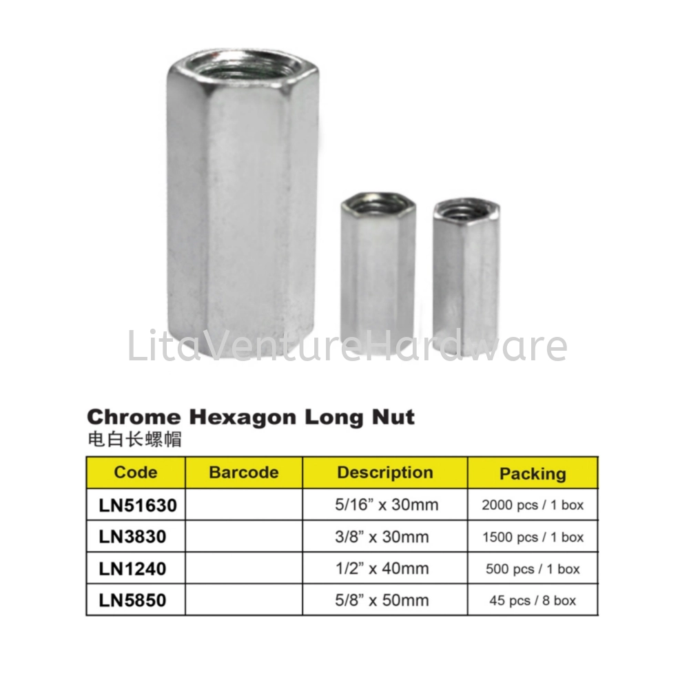 CHROME HEXAGON LONG NUT