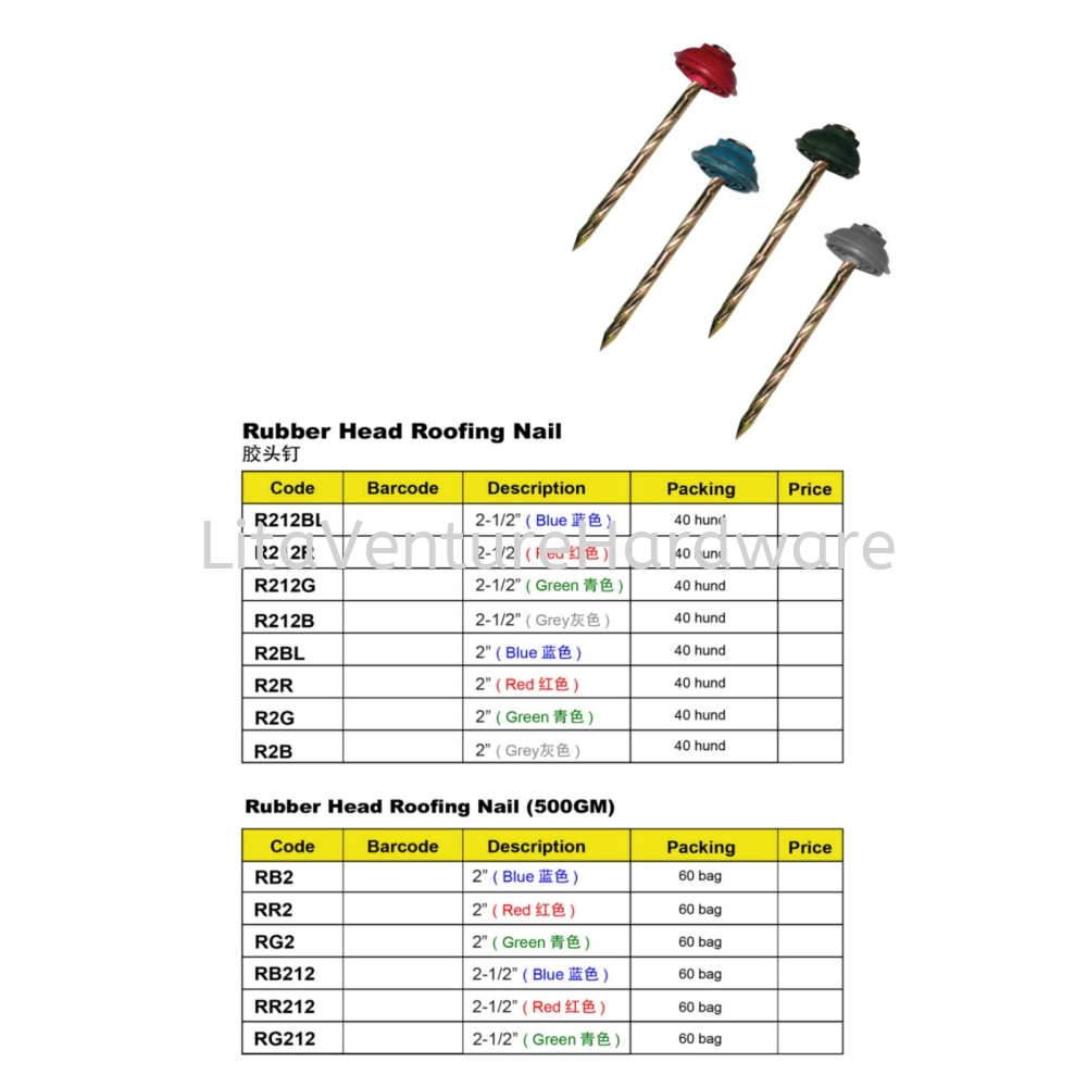 COLOURFUL RUBBER HEAD ROOFING NAIL