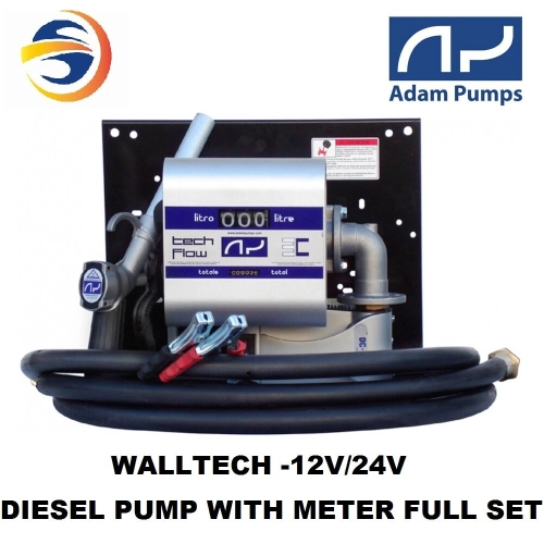 ADAM WALLTECH 12V/24V DIESEL TRANSFER PUMP SET WITH METAL GUN, ALUMINIUM COUNTER, BRASS FITTING AND 4M RUBBER HOSE - FLOW RATE 40L/MIN, MAX PRESSURE 1.3BAR, 12KG, MADE IN ITALY