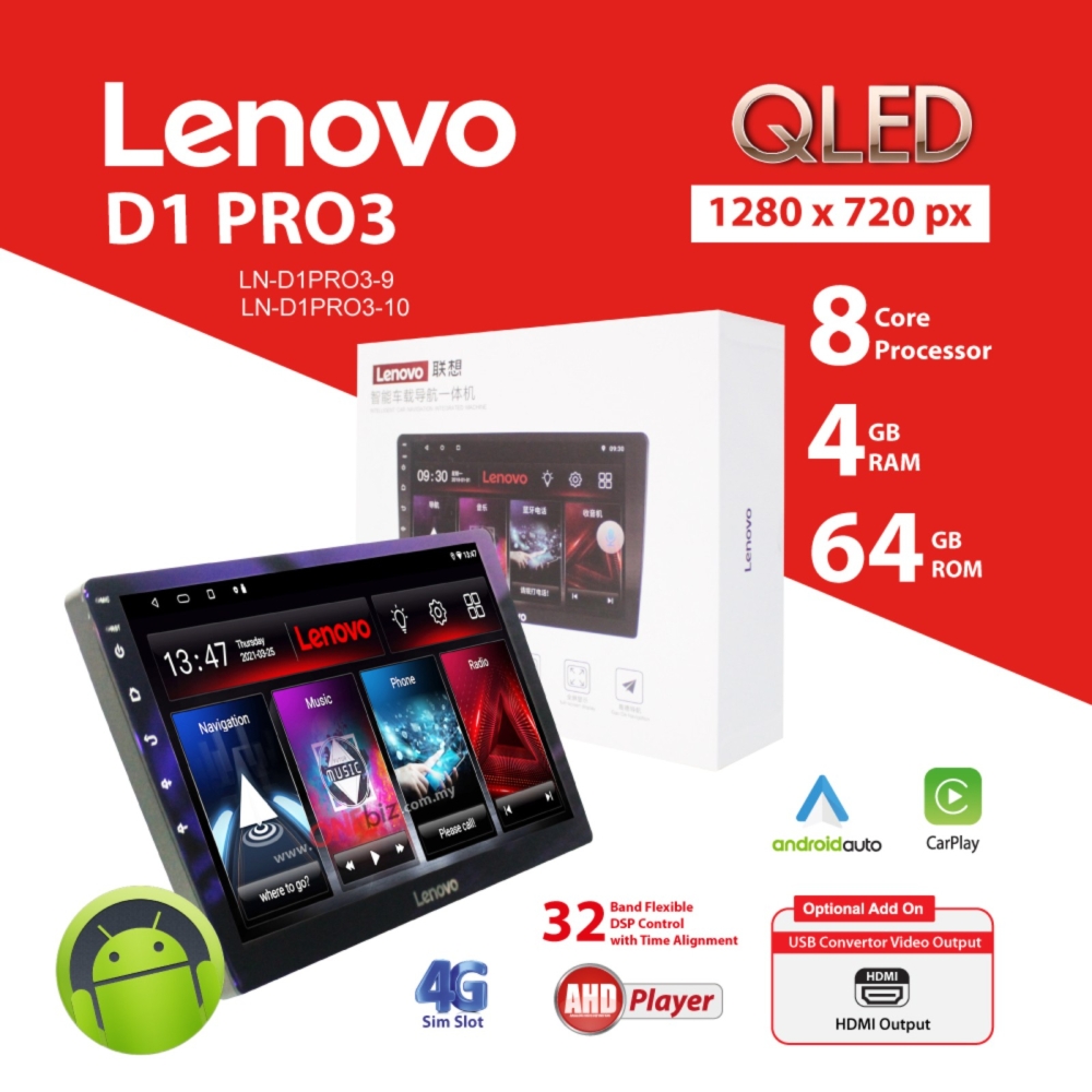 Lenovo D1 Pro 3 Car Android Player 4GB RAM + 64GB ROM 9 inch - LN-D1PRO3-9 / 10 inch - LN-D1PRO3-10