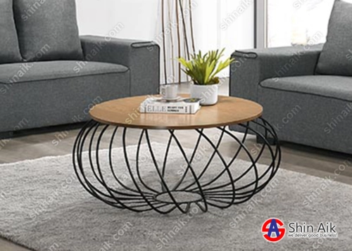 CT69006 Walnut & Black Metal Industrial Style Round Coffee Table