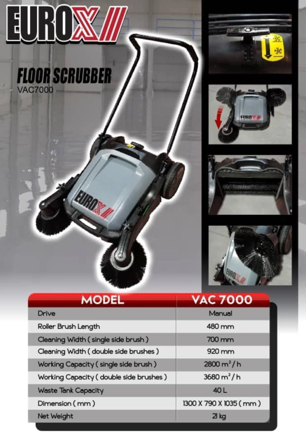 EuroX VAC7000 Manual Floor Scrubber / Sweeping Machine  