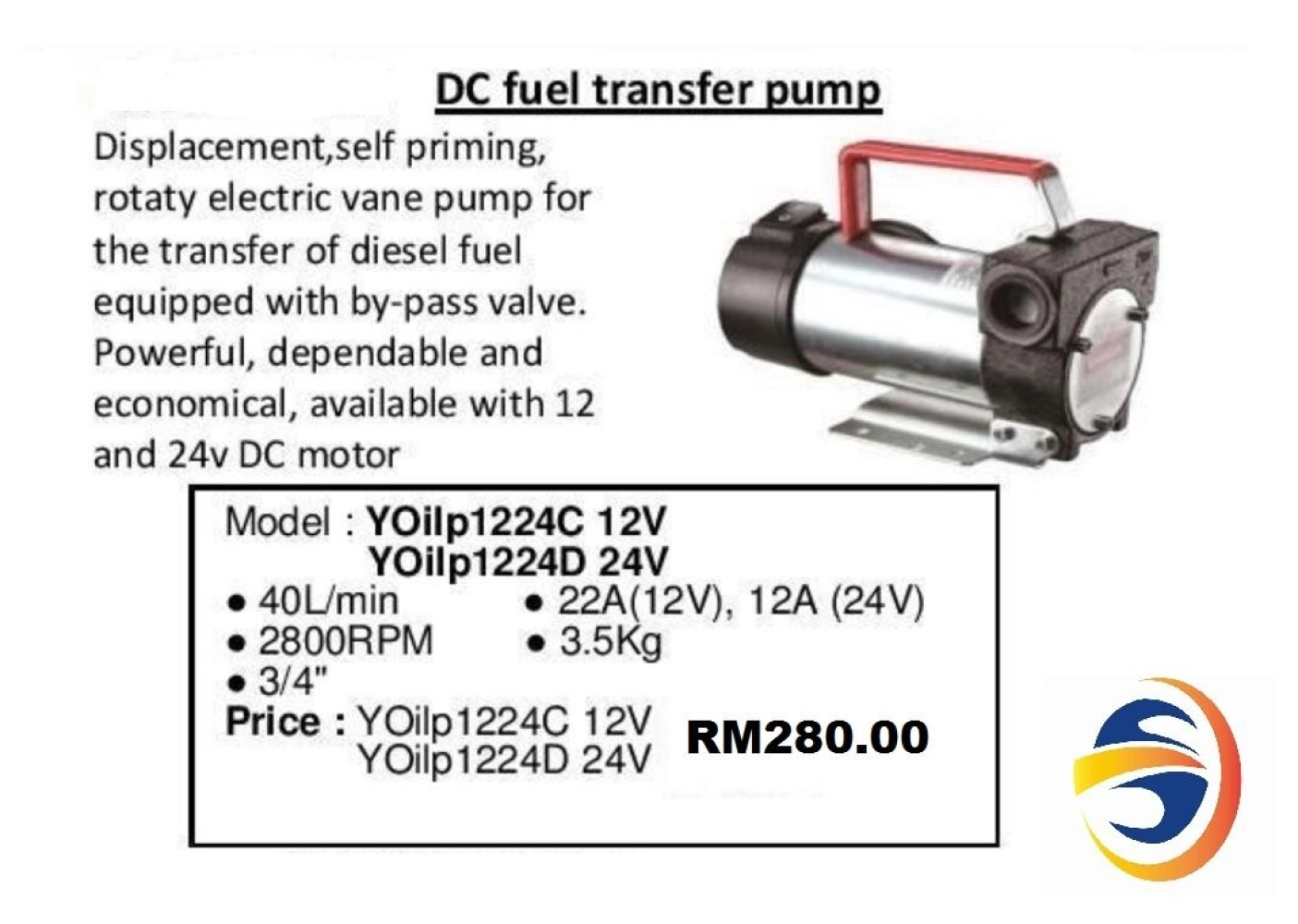 YOILP1224C/1224D DIESEL TRANSFER PUMP - DC12/24V , INLET & OUTLET 3/4"x3/4", FLOW RATE 40L/MIN, 3.5KG