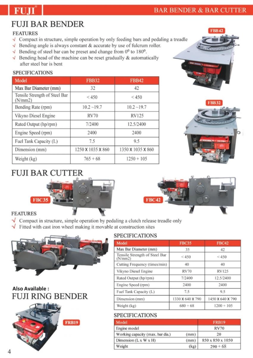 FUJI FBB32 BAR BENDER C/W VIKYNO RV70 DIESEL ENGINE 