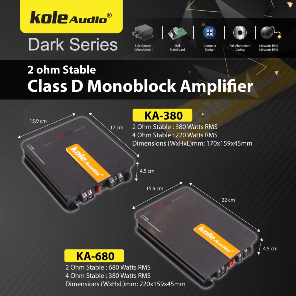 Kole Audio 2 ohm Stable Class D Monoblock Amplifier KA-M380 KA-M680