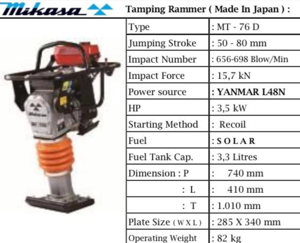 MIKASA MT76D TAMPING RAMMER C/W YANMAR L48N DIESEL ENGINE