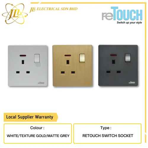 reTOUCH ULTRA RIMLESS 13A FLAT PIN SWITCH SOCKET C/W NEON [WHITE/TEXTURE GOLD/MATTE GREY]