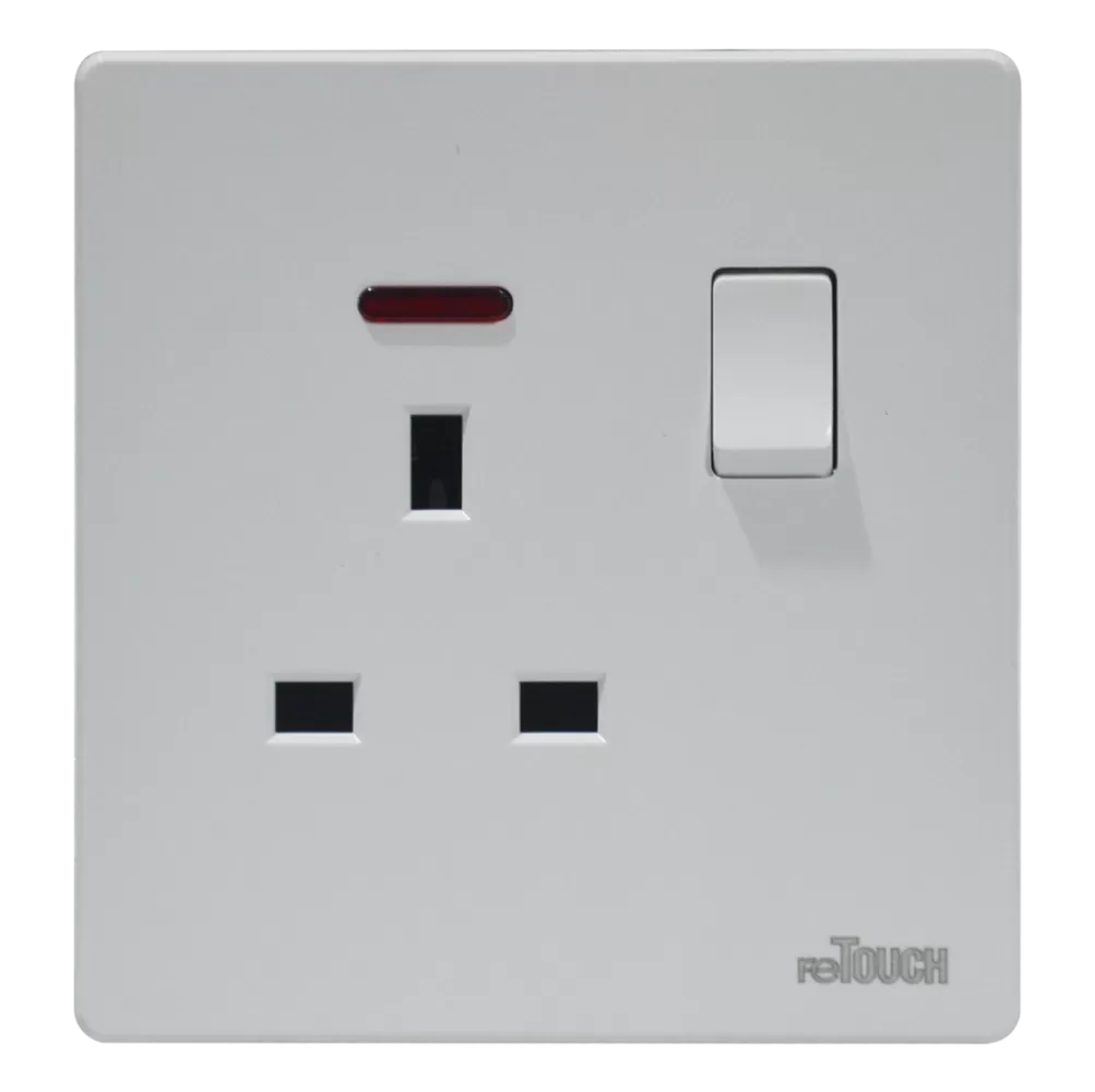 reTOUCH ULTRA RIMLESS 13A FLAT PIN SWITCH SOCKET C/W NEON [WHITE/TEXTURE GOLD/MATTE GREY]