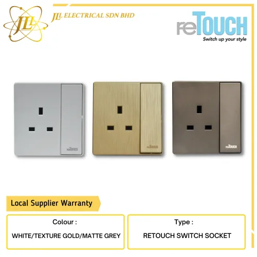 reTOUCH ULTRA RIMLESS 13A BIG ROCKER FLAT PIN SWITCH SOCKET [WHITE/TEXTURE GOLD/MATTE GREY]