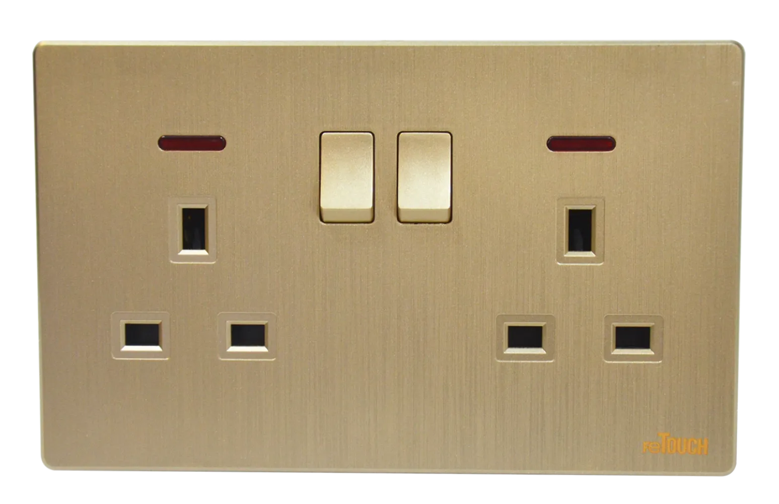 reTOUCH ULTRA RIMLESS 13A 2 GANG FLAT PIN SWITCH SOCKET C/W NEON [WHITE/TEXTURE GOLD/MATTE GREY]