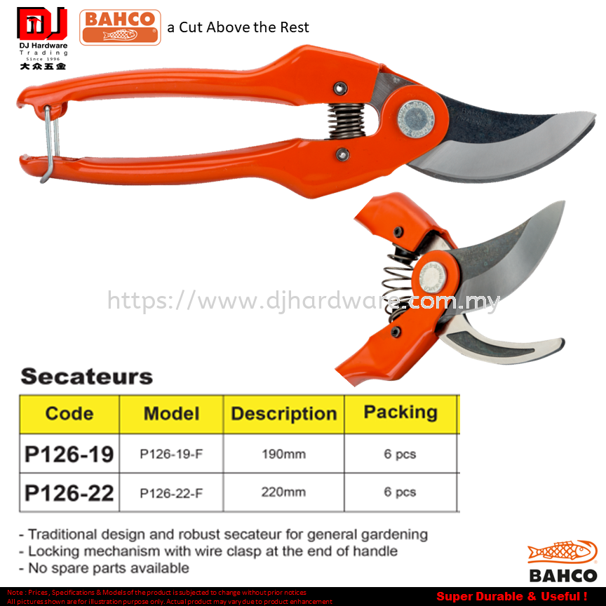 Bypass Secateurs Bahco P126 Steel Handle and Straight Cutting Head (1 Unit)