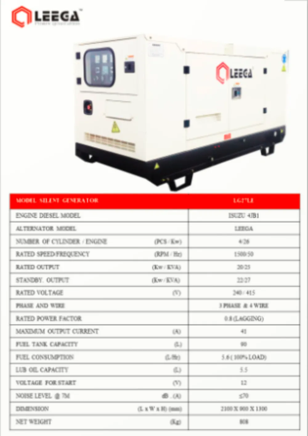 Leega LG27LE Diesel Generator, Rated Output: 20kW , Engine 26Kw