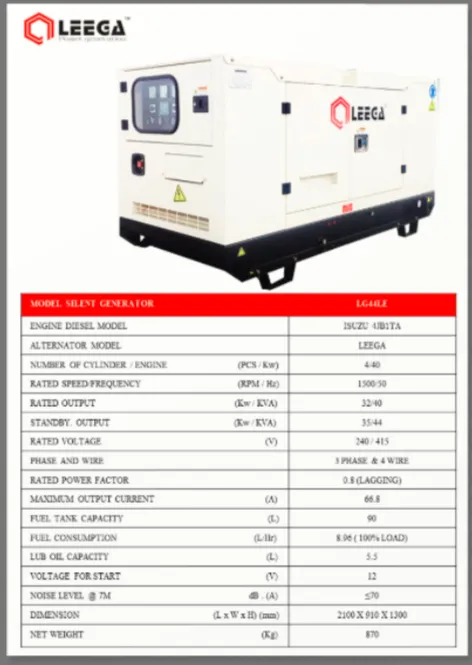 Leega LG44LE Diesel Generator, Rated Output: 32kW, Engine Power: 40Kw