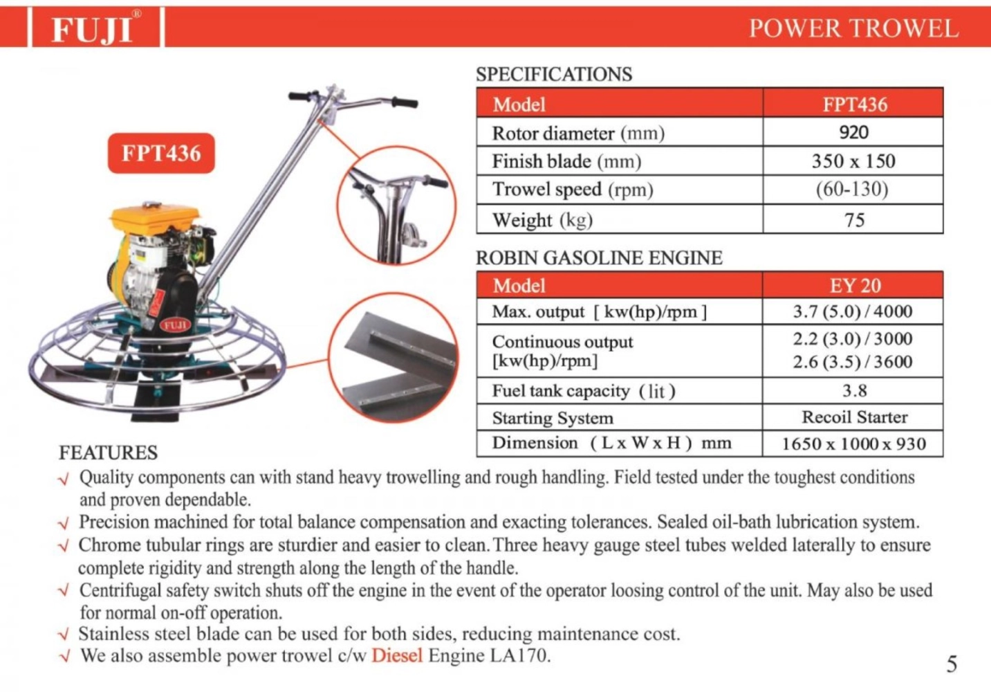 FUJI FPT436 POWER TROWEL C/W ROBIN EY20 ENGINE 