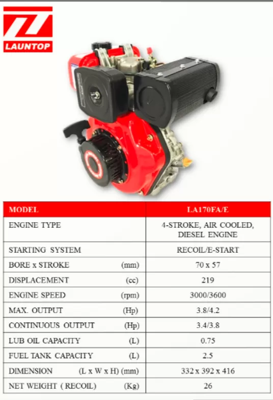 Launtop LA170FA/E Diesel Engine, 219cc 