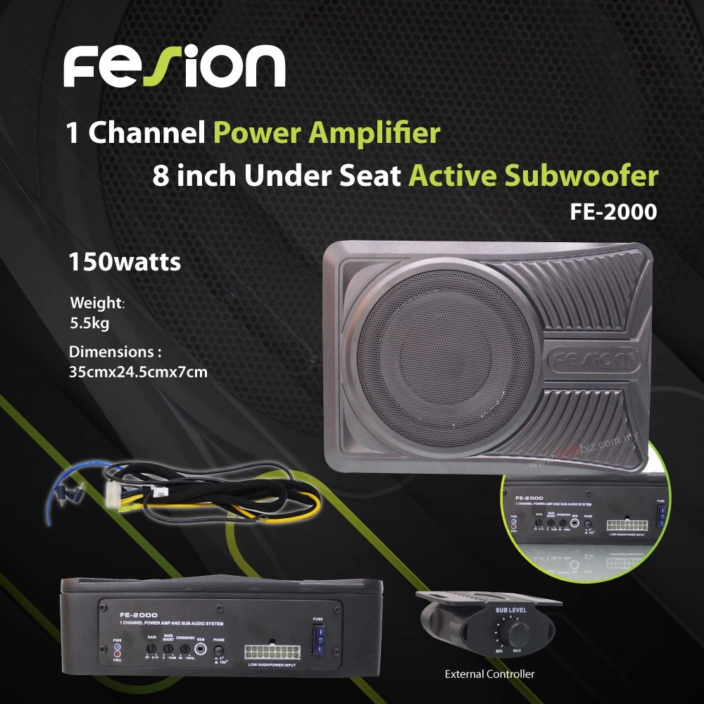 Fesion 1 Channel Power Amplifier 8 inch Under Seat Active Subwoofer FE-2000