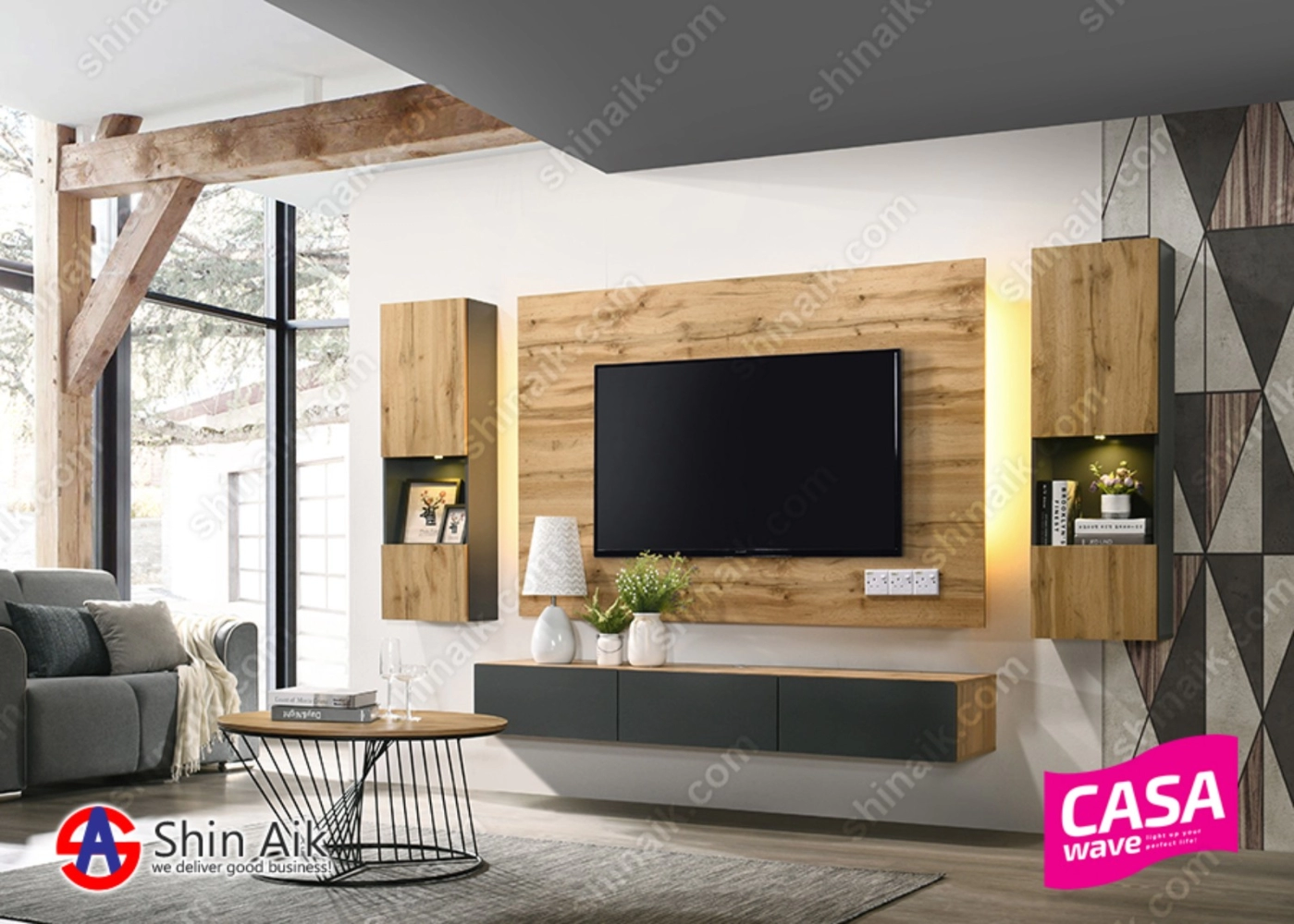 VARIO 02 (8.5'ft) Cedar & Grey Two-Tone Modern Feature Wall-Mounted TV Cabinet