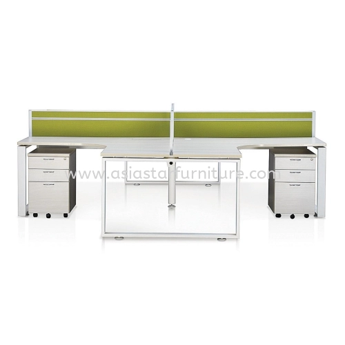 OLVA 4 CLUSTER L-SHAPE WORKSTATION WITH FABRIC WOODEN PANEL & MOBILE PEDESTAL 2D1F - 4PO2