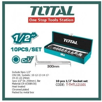 TOTAL 10PCS 1/2" 6POINT SOCKET SET (MM-SIZE) - THTL121101