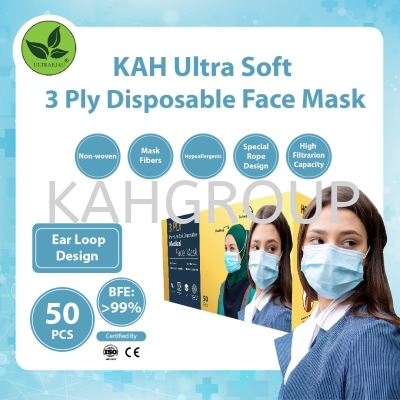 KAH 3 Ply Premium Soft Disposable Face Mask Earloop Design @ BFE99%