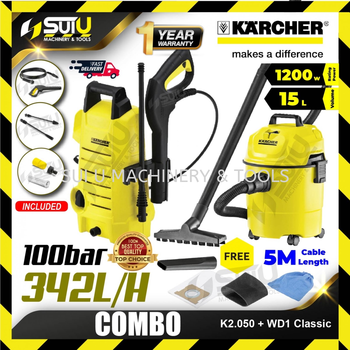 KARCHER COMBO K2.050 100Bar High Pressure Washer + WD1 Classic 15L Wet &  Dry Vacuum