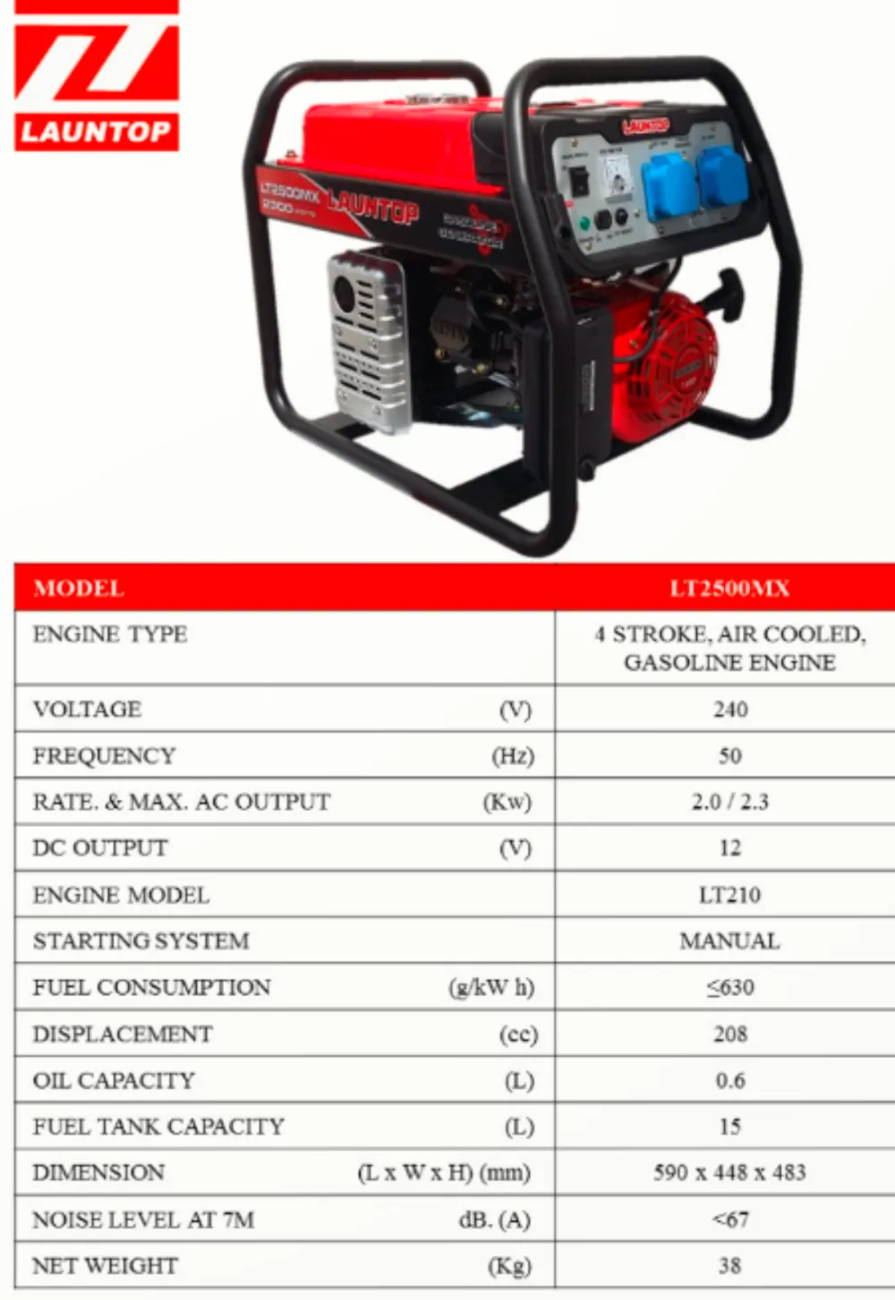 Launtop LT2500MX Gasoline Generator ，Rated Output: 2.0kw,Fuel Tank: 15 Lit.