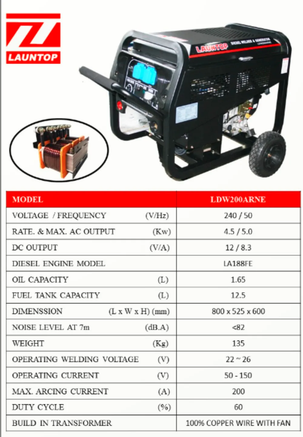 Launtop LDW200ARNE Diesel Welder Generator (Electric) ，Rated Output:4.5kw,Fuel Tank :12.5 Lit.