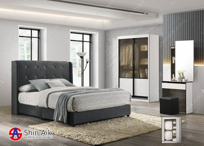 9921-11 (4'ft) White Golden Stripes Modern Bedroom Set With Velvet Fabric Divan Bed