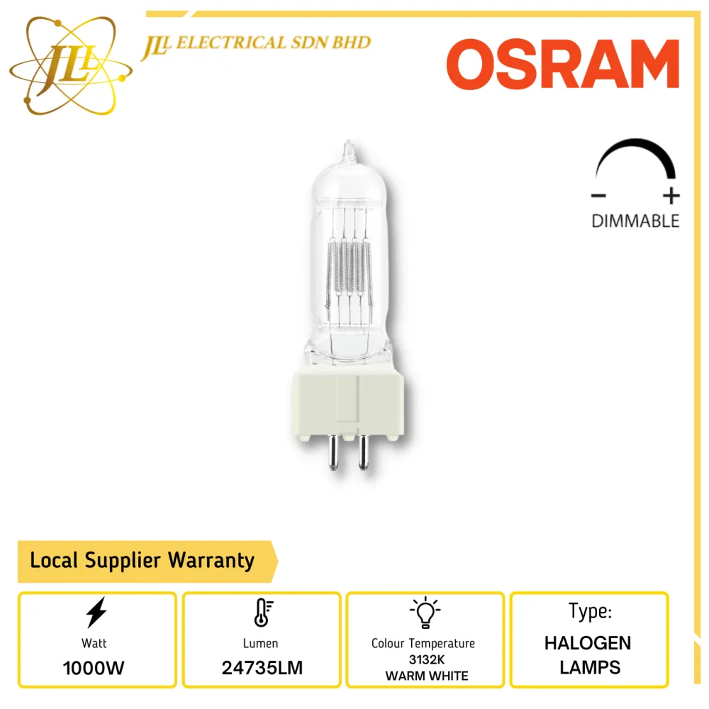 OSRAM 64745 1000W 240V FVA CP/70 GX9.5 24735LM 3132K DIMMABLE HALOGEN LAMP