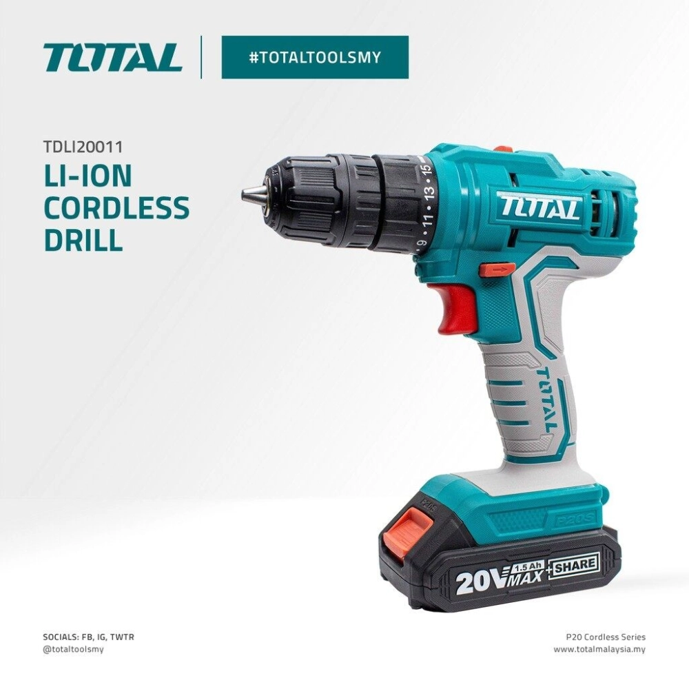 TOTAL 20V LITHIUM-ION CORDLESS DRILL - TDLI20011 (FREE TOTAL (TACIM16PH233) SCREW BIT X 1 PC)