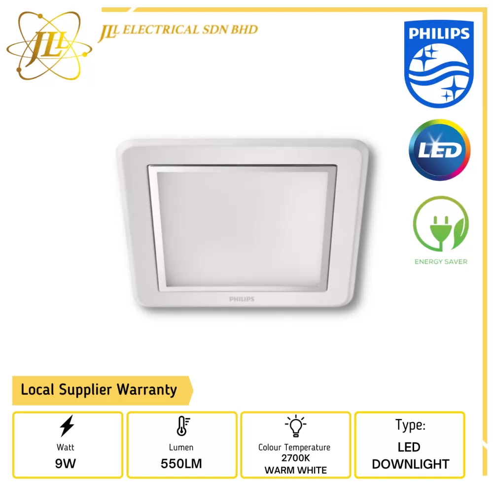 PHILIPS 58124 9W 220-240V IP20 2700K WARM WHITE SQUARE FLAT LED RECESSED DOWNLIGHT