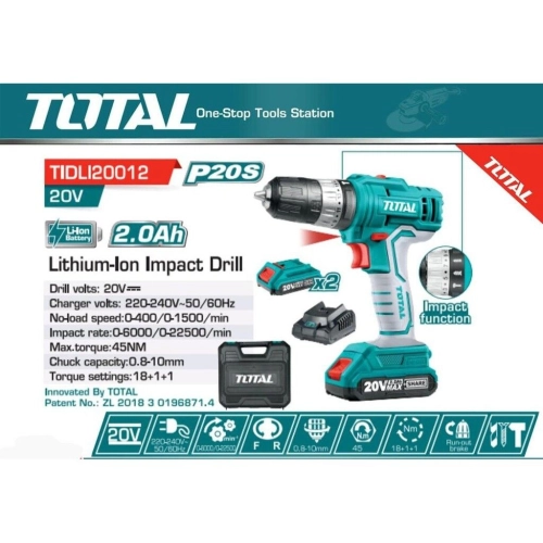 TOTAL 20V LITHIUM-ION CORDLESS IMPACT DRILL - TIDLI20012 (FREE 3PCS DRILL BIT & 1PC SCREWDRIVER BIT)