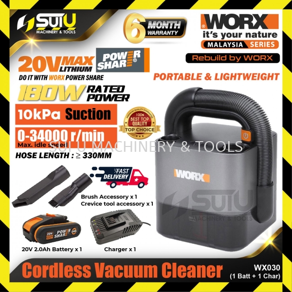 WORX WX030 20V Cordless Vacuum Cleaner 180W 34000RPM 10kPa + 1 x Battery 2.0Ah + Charger  Vacuum Cleaner Cleaning Equipment Kuala Lumpur (KL), Malaysia, Selangor, Setapak Supplier, Suppliers, Supply, Supplies | Sui U Machinery & Tools (M) Sdn Bhd