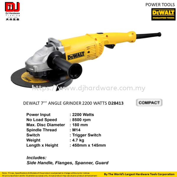 DEWALT 7'' ANGLE GRINDER 2200W D28413 (CL) POWER TOOLS TOOLS & EQUIPMENTS Selangor, Malaysia, Kuala Lumpur (KL), Sungai Buloh Supplier, Suppliers, Supply, Supplies | DJ Hardware Trading (M) Sdn Bhd