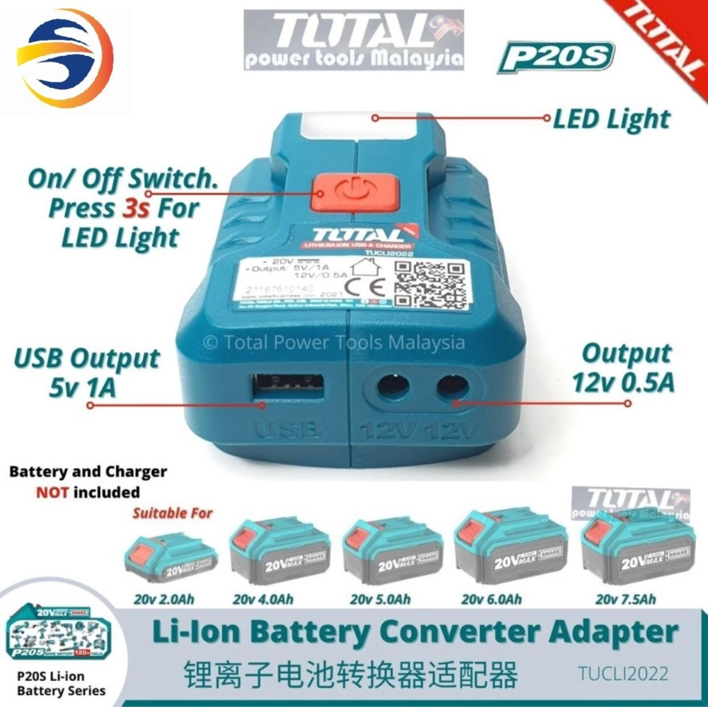 TOTAL 20V LITHIUM-ION CONVERTER ADAPTER FOR USB-A CHARGER AND 12V PORT WITH LED LIGHT - TUCLI2022