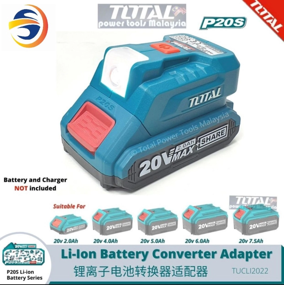 TOTAL 20V LITHIUM-ION CONVERTER ADAPTER FOR USB-A CHARGER AND 12V PORT WITH LED LIGHT - TUCLI2022