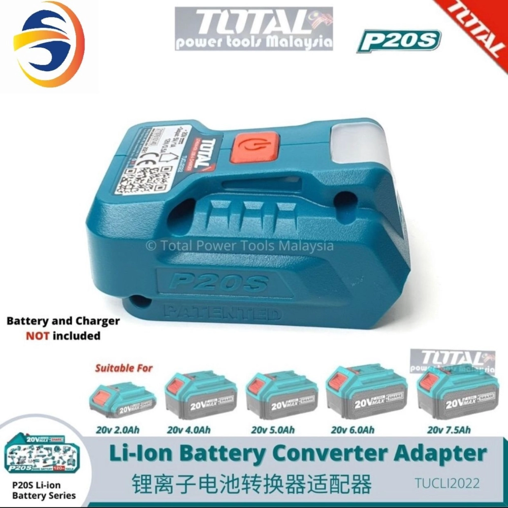 TOTAL 20V LITHIUM-ION CONVERTER ADAPTER FOR USB-A CHARGER AND 12V PORT WITH LED LIGHT - TUCLI2022