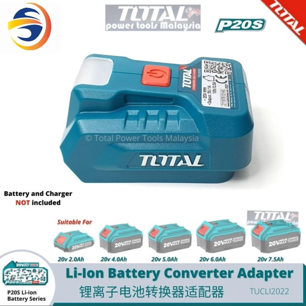 TOTAL 20V LITHIUM-ION CONVERTER ADAPTER FOR USB-A CHARGER AND 12V PORT WITH LED LIGHT - TUCLI2022