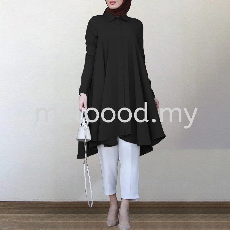 Baju Muslimah Blouse Labuh Women Casual Turn-Down-Collar Long Sleeve Blouse