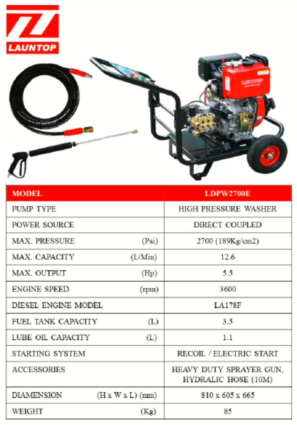 LAUNTOP LDPW2700 DIESEL HIGH PRESSURE CLEANER C/W STD.ACCESSORIES (2700PSI, ELECTRIC START)