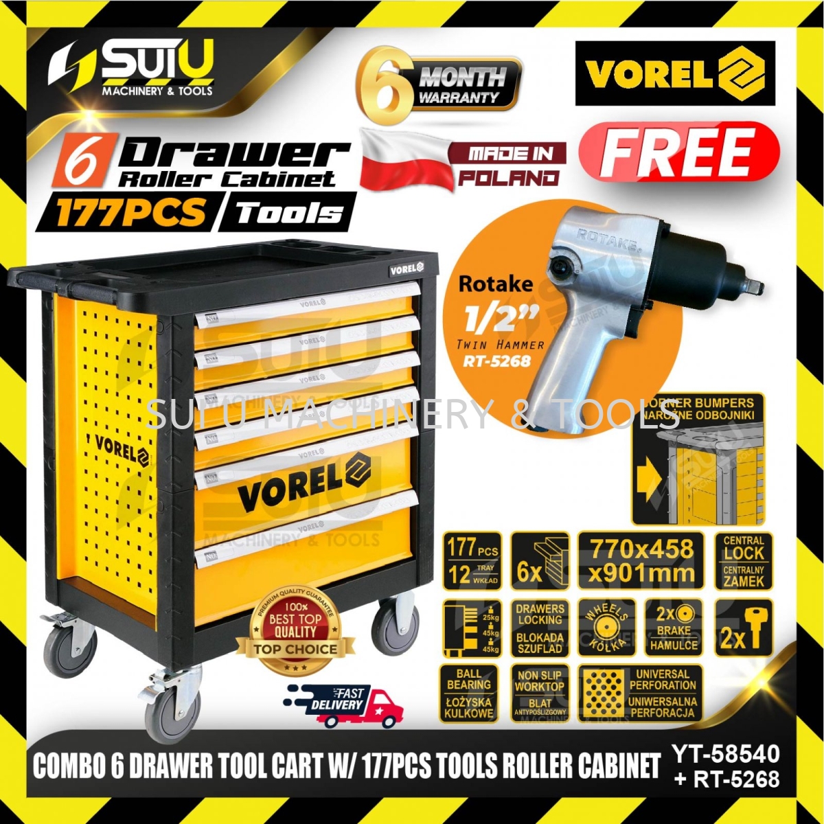 VOREL YT-58540 / YT58540 / YT 58540 6 Drawer Tool Cart w/ 177pcs Tools  Roller Cabinet Combo