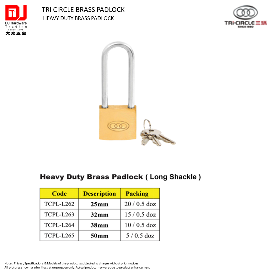 TRI CIRCLE BRASS PADLOCK HEAVY DUTY BRASS PADLOCK LONG SHACKLE TCPLL (CL)