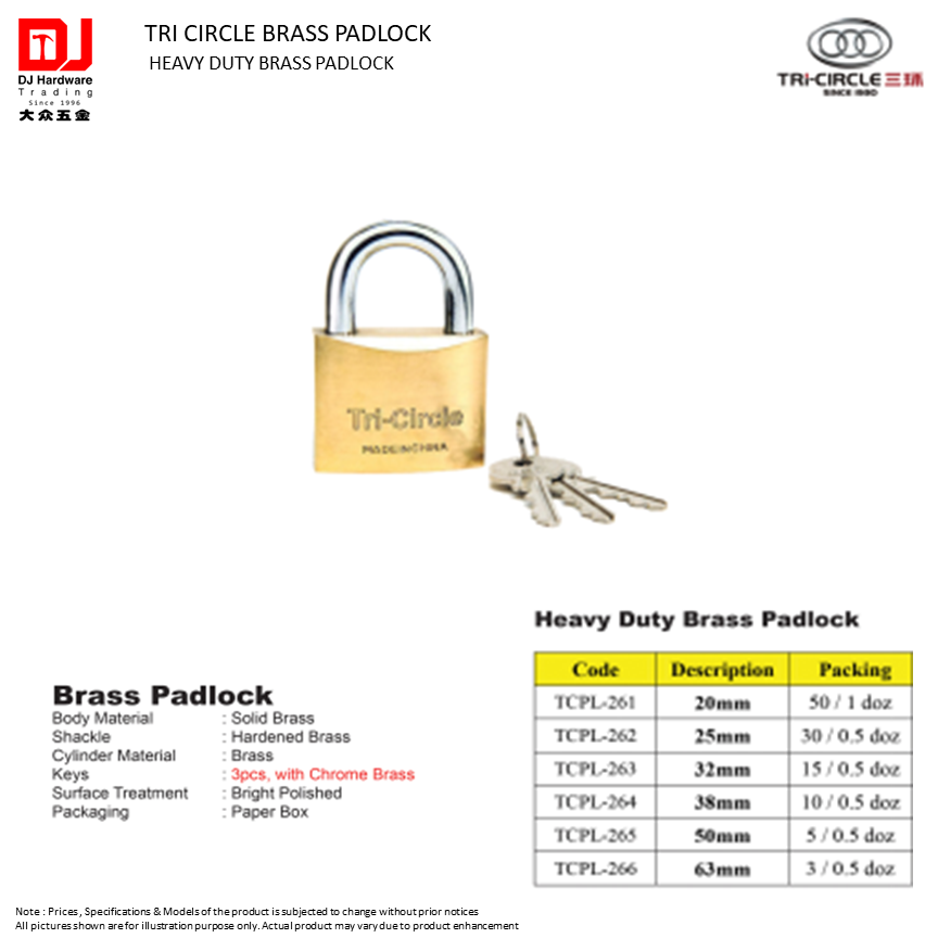 TRI CIRCLE BRASS PADLOCK HEAVY DUTY BRASS PADLOCK TCPL (CL)