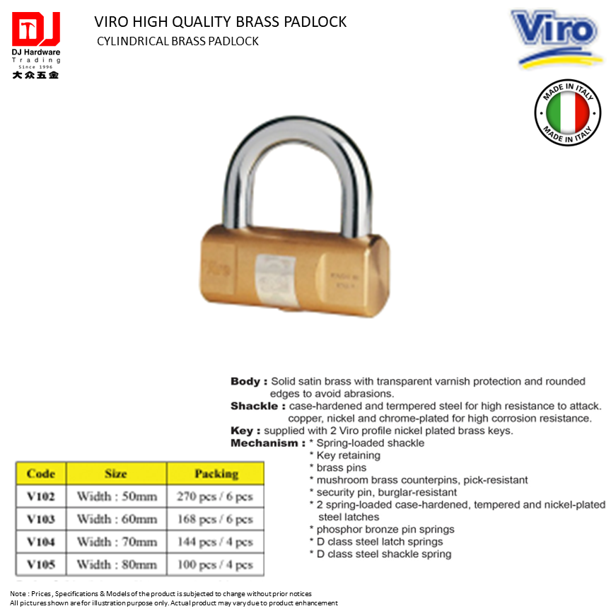 VIRO HIGH QUALITY BRASS PADLOCK CYLINDRICAL BRASS PADLOCK V102 V103 V104 V105 (CL)