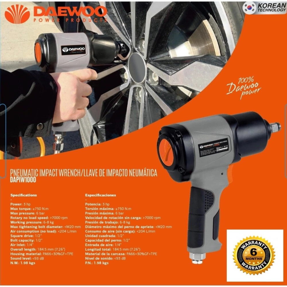 DAEWOO 1/2" AIR IMPACT WRENCH - DAPIW1000 (750N.m)