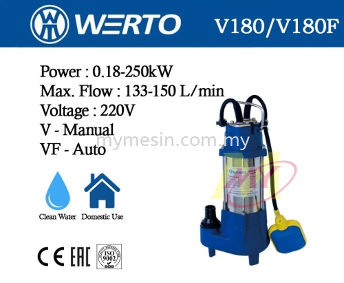 Werto Sewage Submersible Pump V Series - 180W  [Code: 9987/ 9988/ 9989/ 9990]