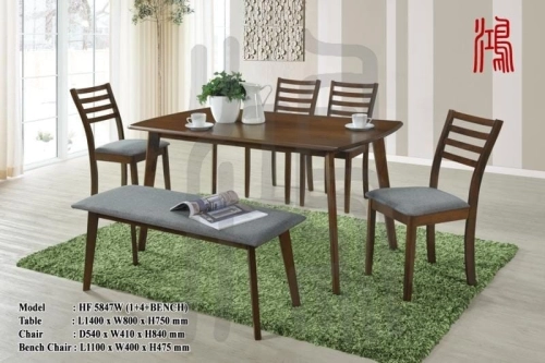 HF 5847 Wooden Dining Set - Walnut / Grey Cushion (1 Table + 4 Chairs + 1 Bench)